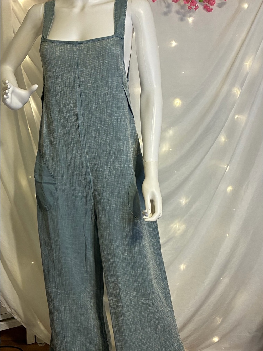 Zenana Dusty Blue/Cream Wide-Leg Square-Neck Jumpsuit (display small) - Picture 1 of 11